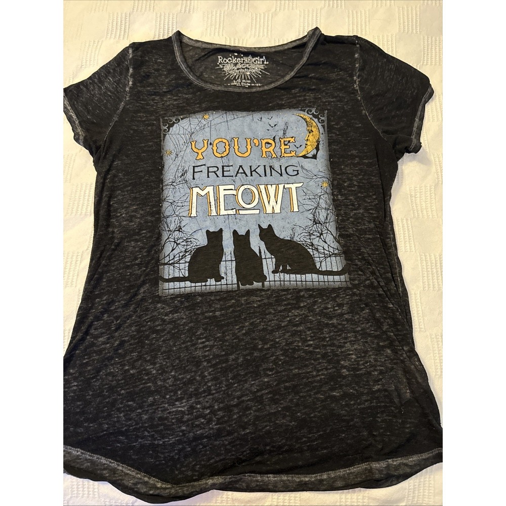 Rocker Girl T-Shirt L Gray Halloween Cat Graphic You're Freaking Meowt (Abby)
